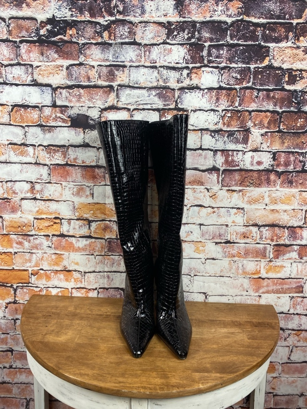 Steve Madden Black Croc-Embossed Faux Leather High Heel Knee-High Boots Sz 7.5 - Picture 7 of 15